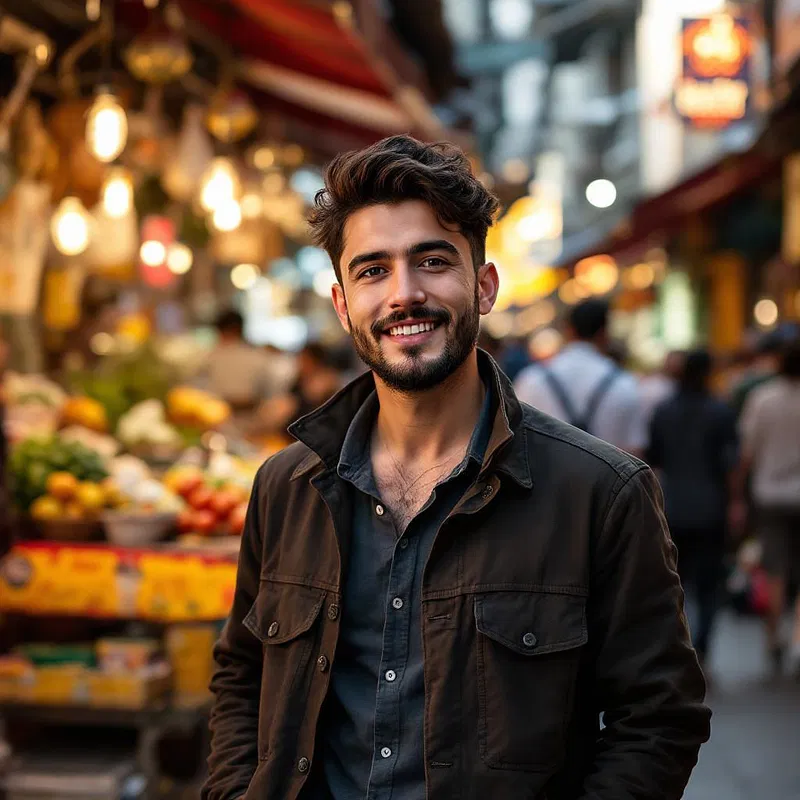 Single man posing in front of a lively street market