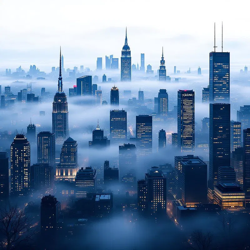 City skyline with iconic landmarks in the fog.