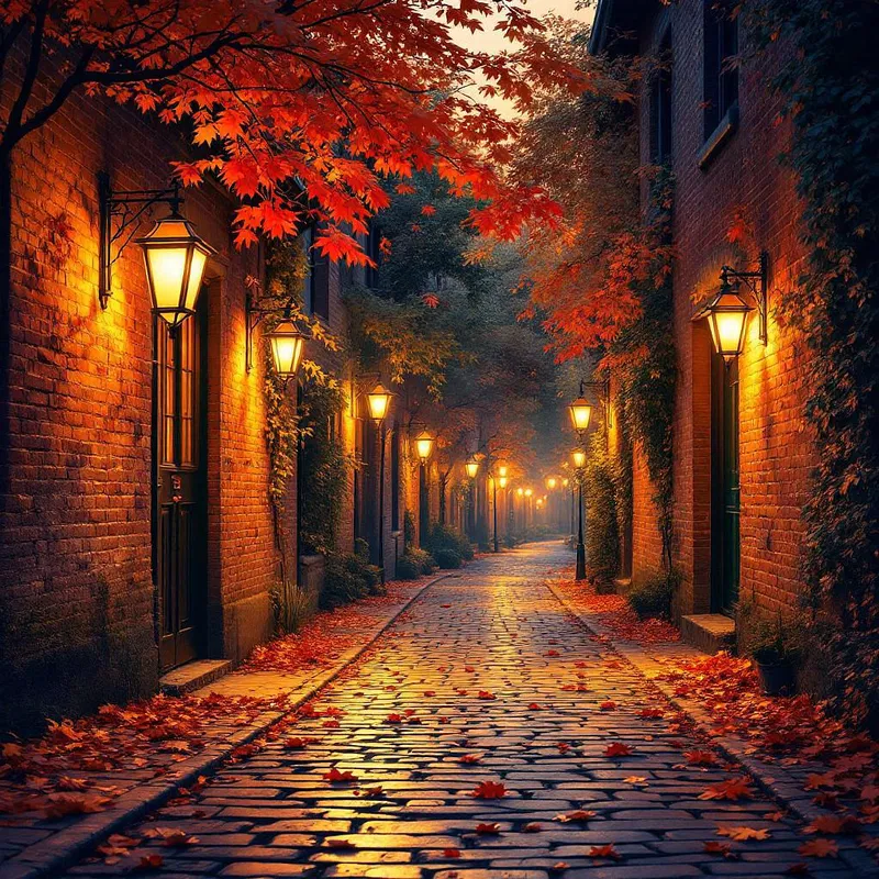 Cobblestone alley in autumn dusk