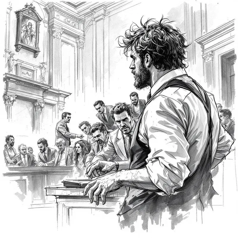 Storyboard sketch of a courtroom drama