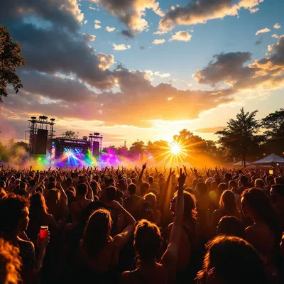 Vibrant crowd at a music festival at sunset