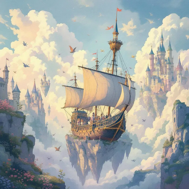 Fantasy world with flying ships and castles