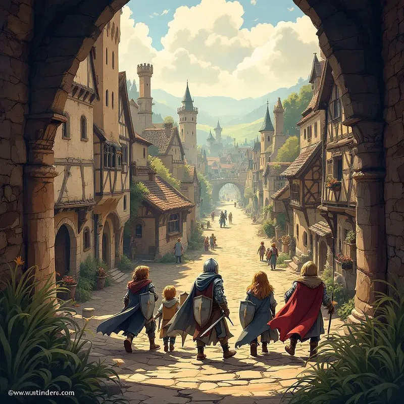 Young knights in a medieval village illustration