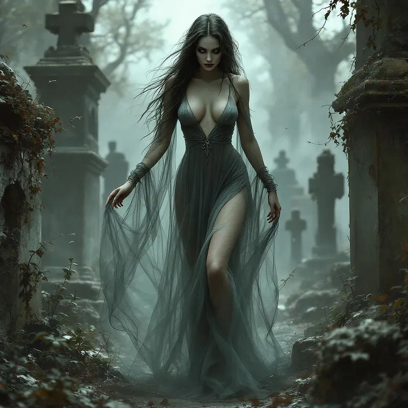 Sultry ghost drifting in a graveyard