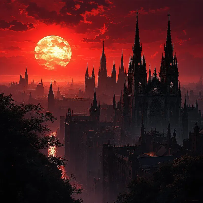 Gothic city skyline with a blood-red sunset