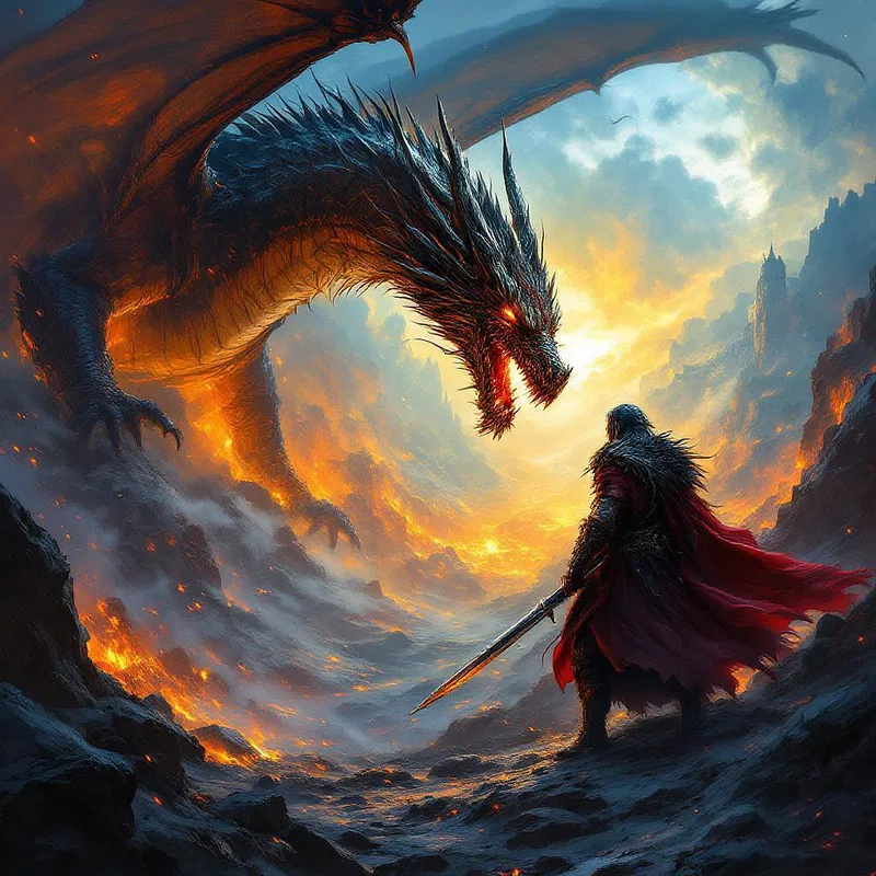 A fantasy epic book cover with a warrior and dragon