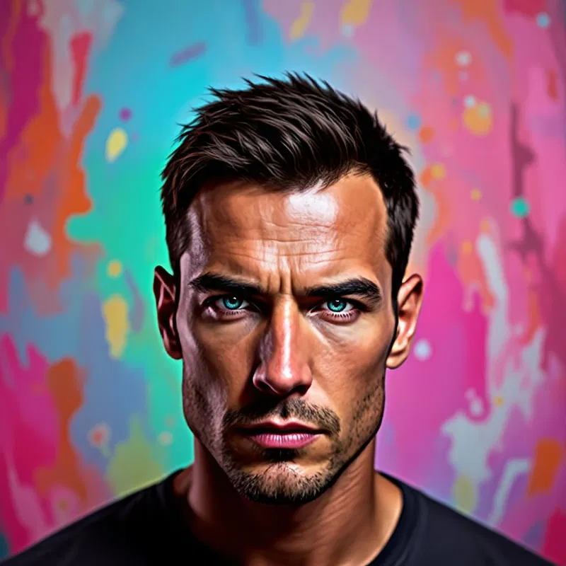 Intense portrait of a man with striking features and vibrant background.