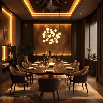 Elegant dining room with AI-crafted table setup and lighting.