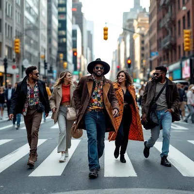 Artistic street style photo of a group of friends in eclectic fashion crossing a crosswalk