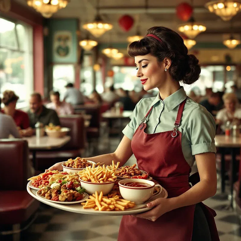 Waitress carrying a tray in a bustling 1950s diner