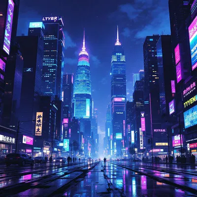 Neon-lit futuristic city skyline at night