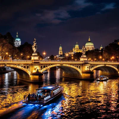 Boats navigating Berlin rivers with illuminated bridges at night