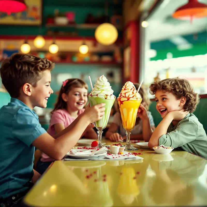 Children enjoying ice cream in a 1950s diner