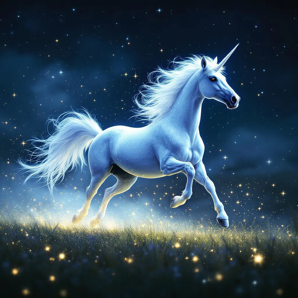 A unicorn galloping across a starlit field.