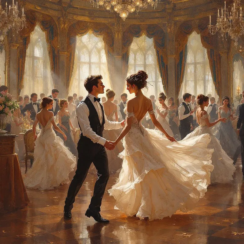 AI-generated oil painting of a grand ballroom scene