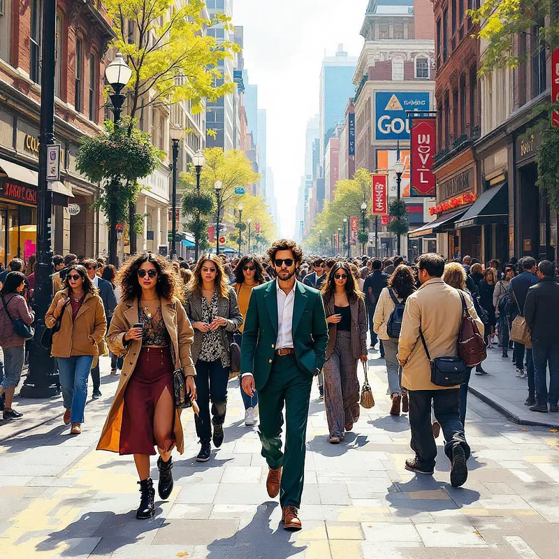 Dynamic daytime city scene with diverse street style influences