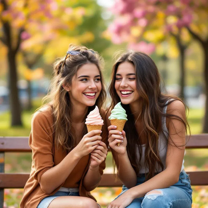 Two friends enjoying ice cream in a park