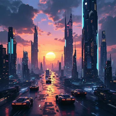 Futuristic city skyline at sunset