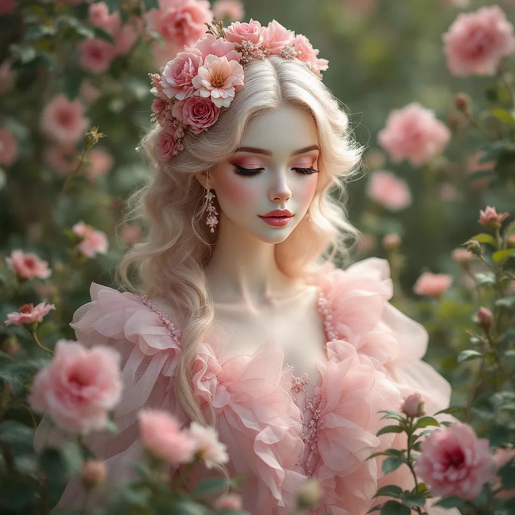 Elegant pink doll in a lush garden