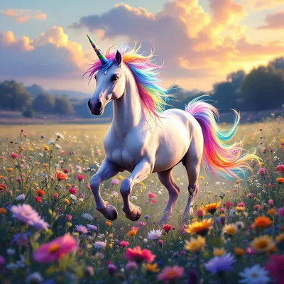 A unicorn with rainbow mane galloping through a meadow of flowers at sunset.