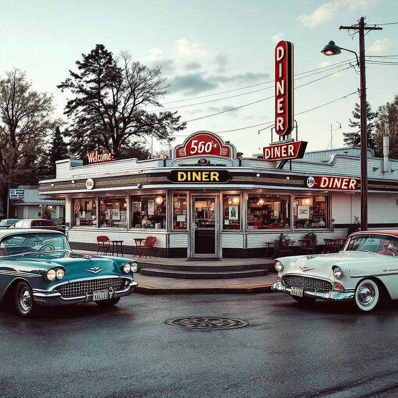 Retro diner's exterior view with vintage cars