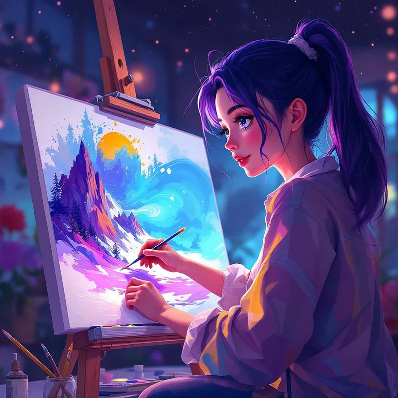 Anime artist with canvas and paints