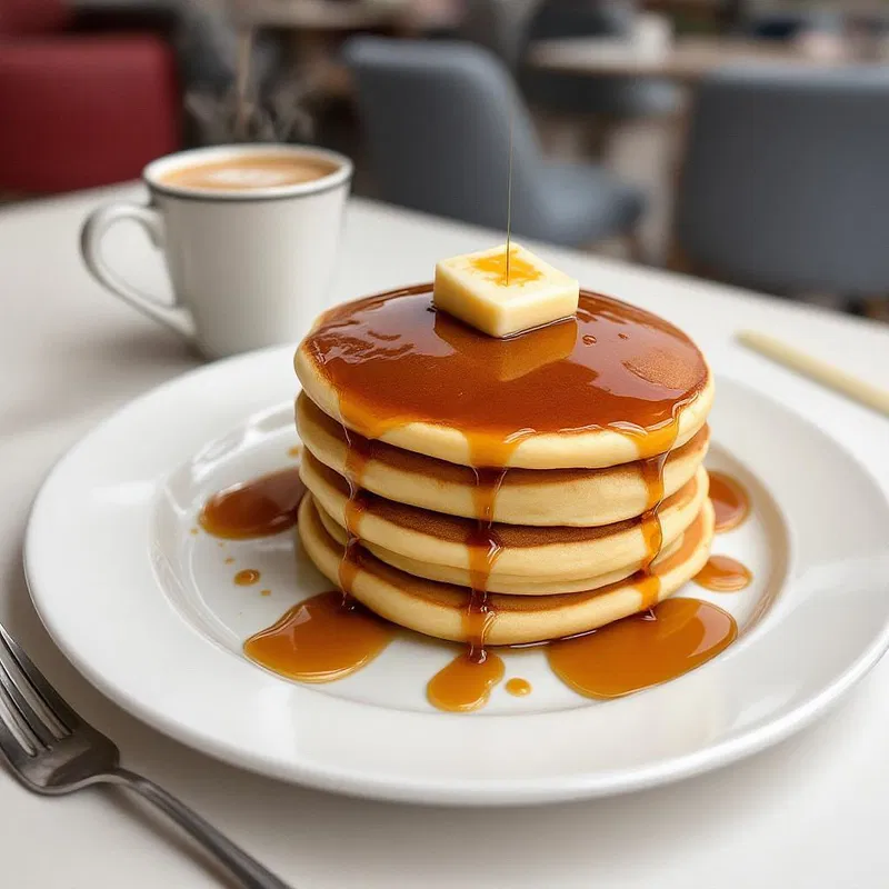 Plate of classic diner breakfast, pancakes and coffee