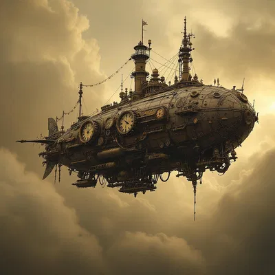 Steampunk airship floating in the sky