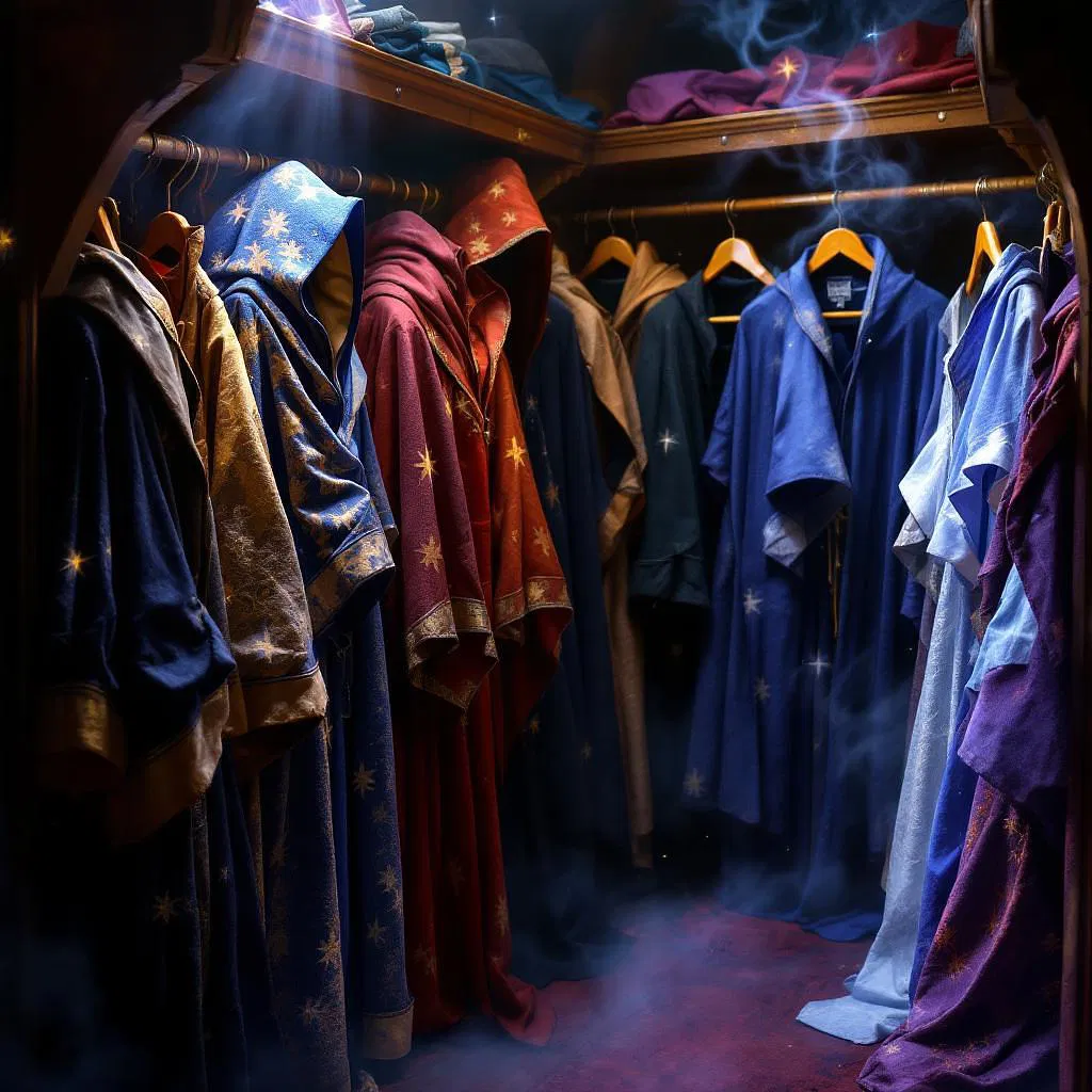 Wizard's wardrobe showcasing various cloaks