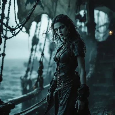 Enchanting female pirate on a spooky ship