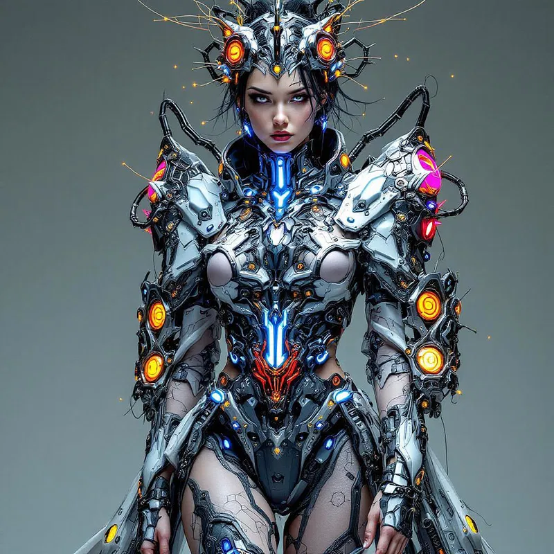 Fashion model in elaborate cyberpunk attire.