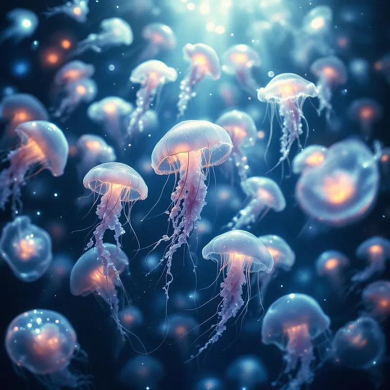 AI depiction of shimmering jellyfish swarm