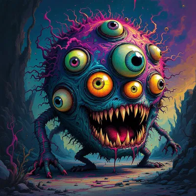 a multi-eyed monster with sharp teeth