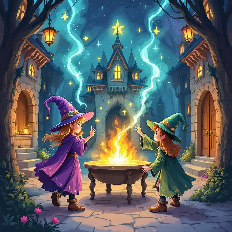 Magic school with young wizards illustration