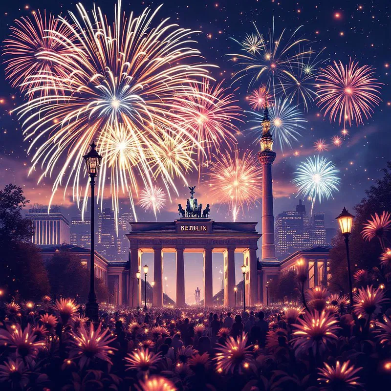 AI-illustrated Berlin festive scene with fireworks