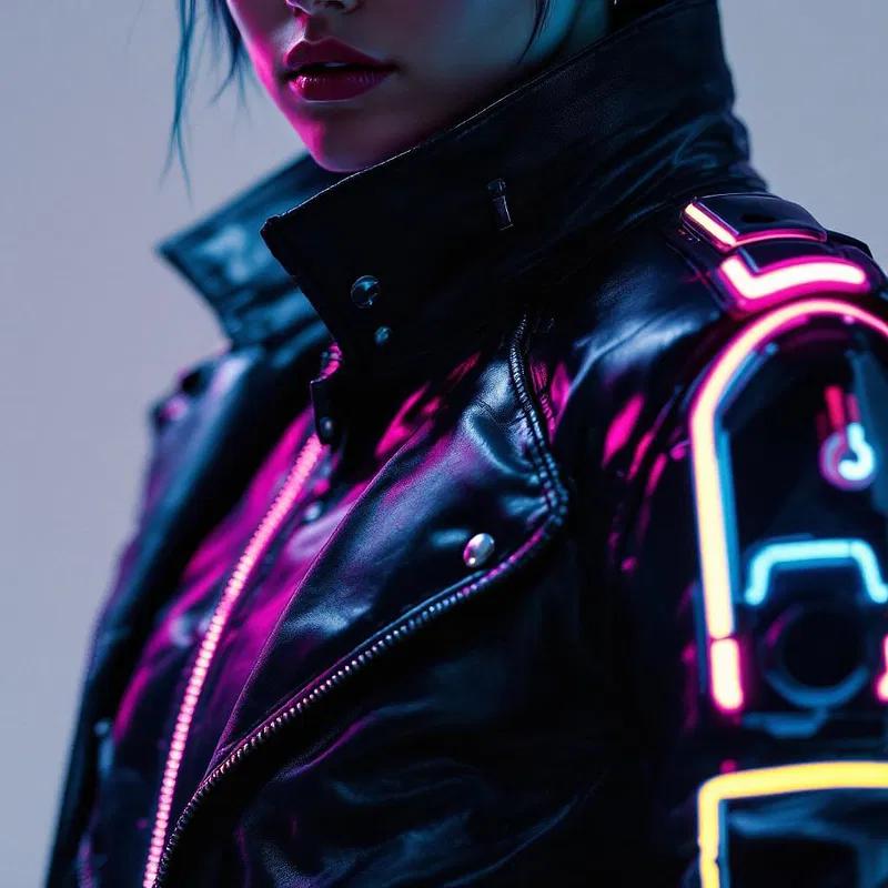 Futuristic leather jacket with neon highlights in cyberpunk style.