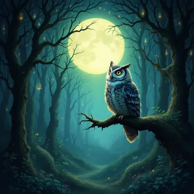 Surreal owl in a mystical forest