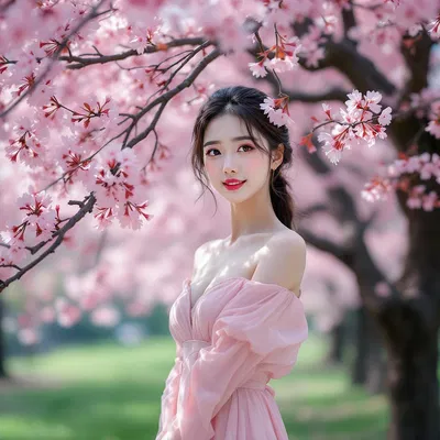 Asian woman in nature with cherry blossoms