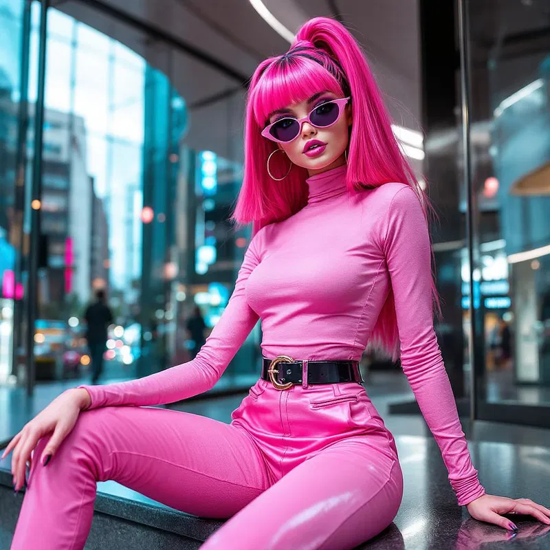 Stylish pink doll in urban environment