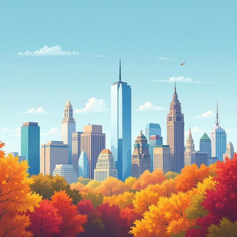 Colorful autumn city skyline scene.