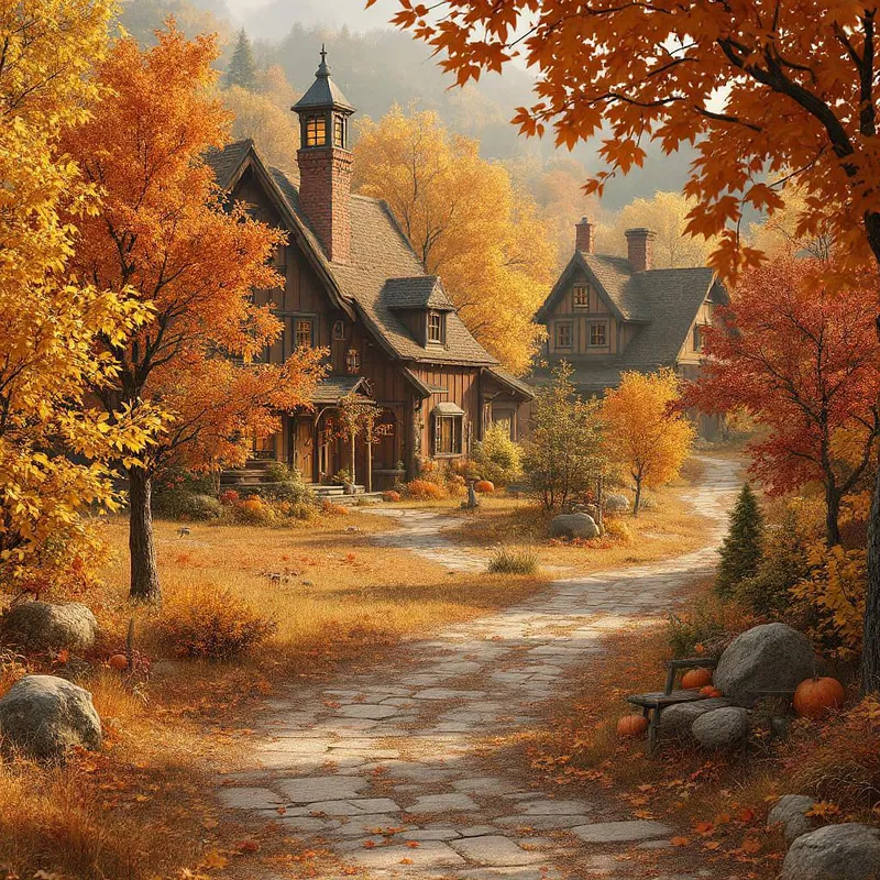 3D rendering of a rustic village in autumn