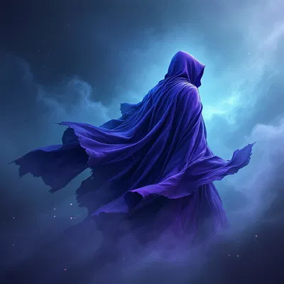 AI-generated image of a wizard cloak billowing in the wind