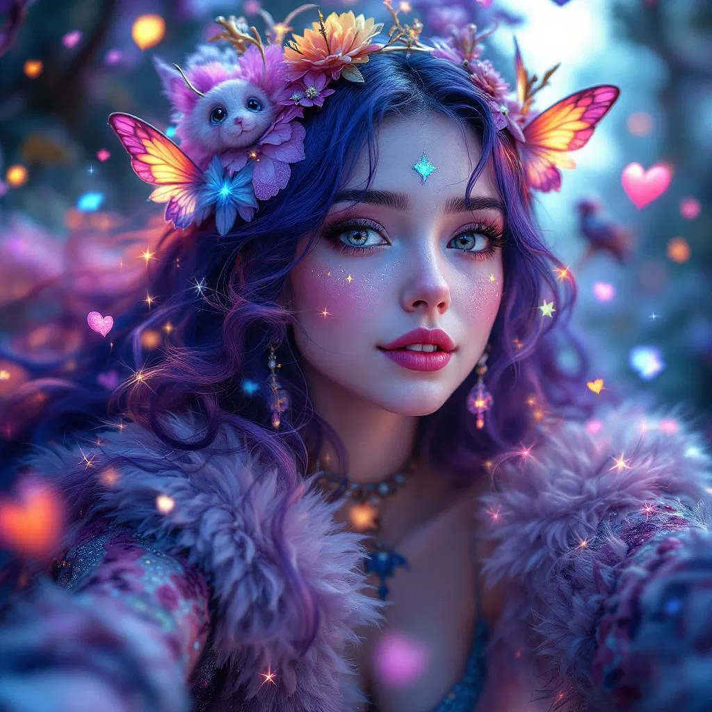 A whimsical AI selfie with fairy-tale elements.