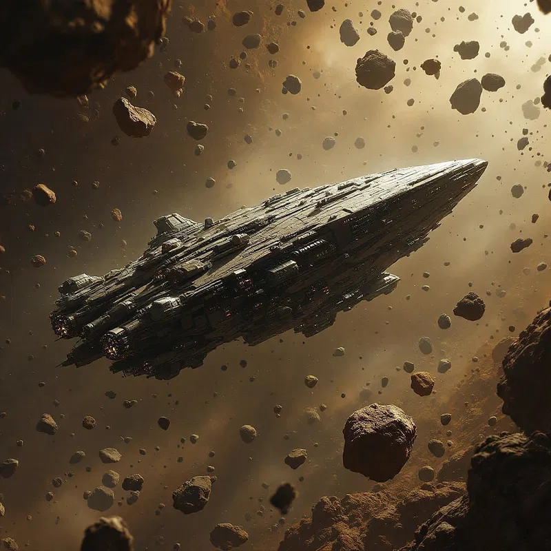 Spaceship camouflaged in asteroid field