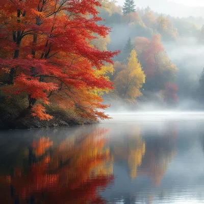 A serene lake surrounded by autumn trees