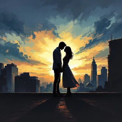 Lovers in a cityscape at dusk