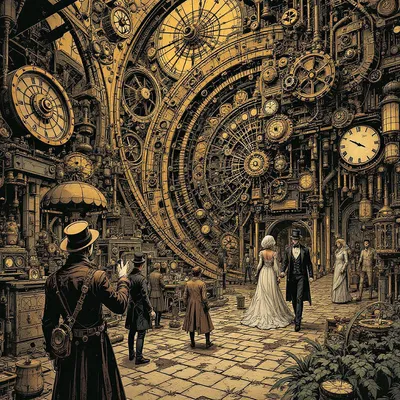 Steampunk comic scene with mechanical wonders