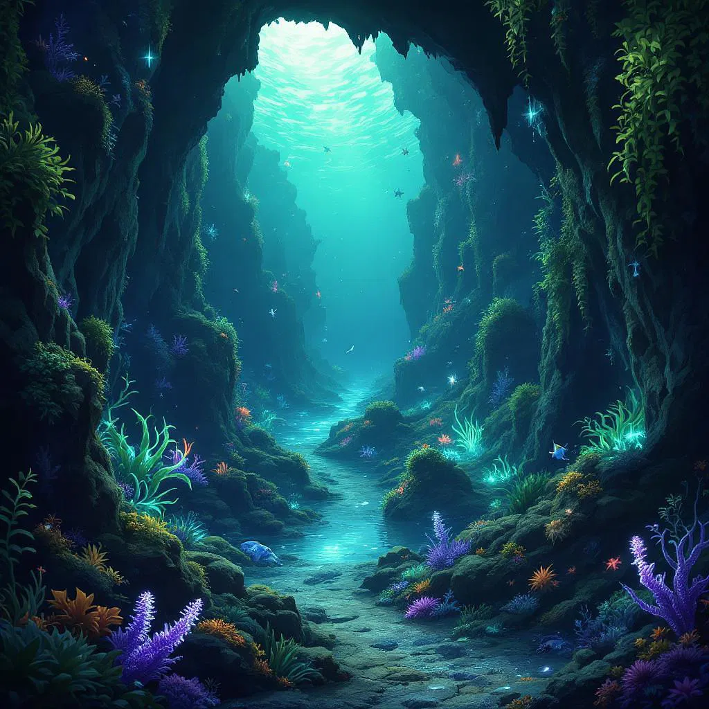 Underwater cavern with bioluminescent features