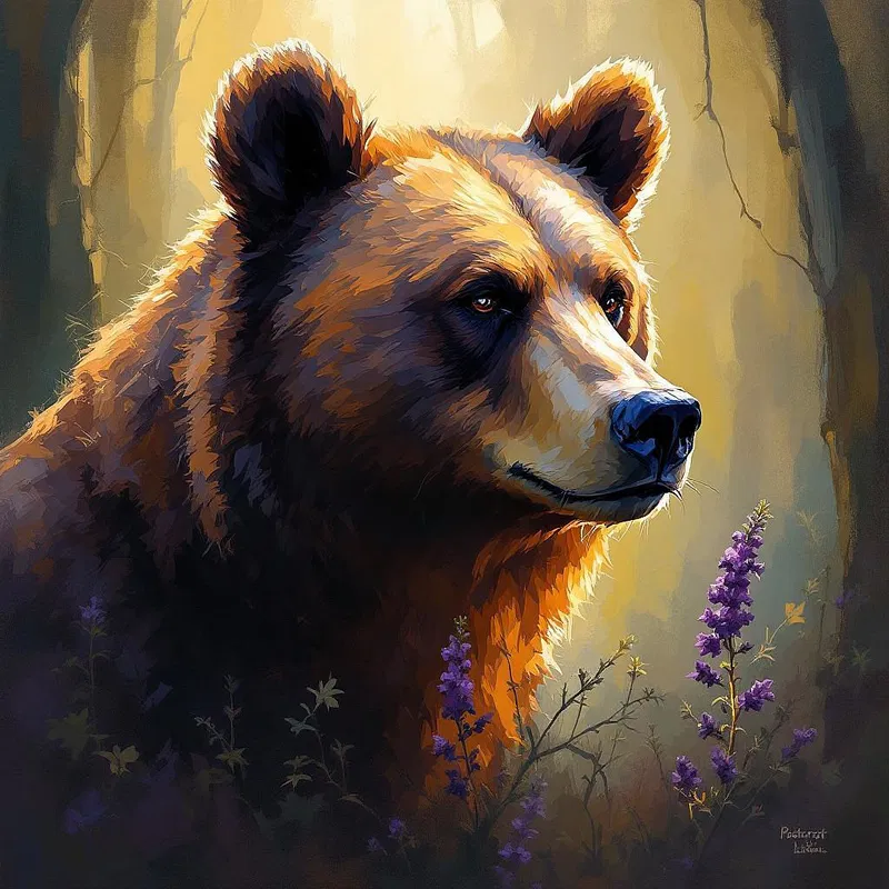 AI-generated artistic portrait of a bear with Postcrest text