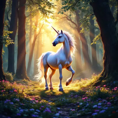 A majestic unicorn standing in a serene forest with sunlight filtering through the trees.